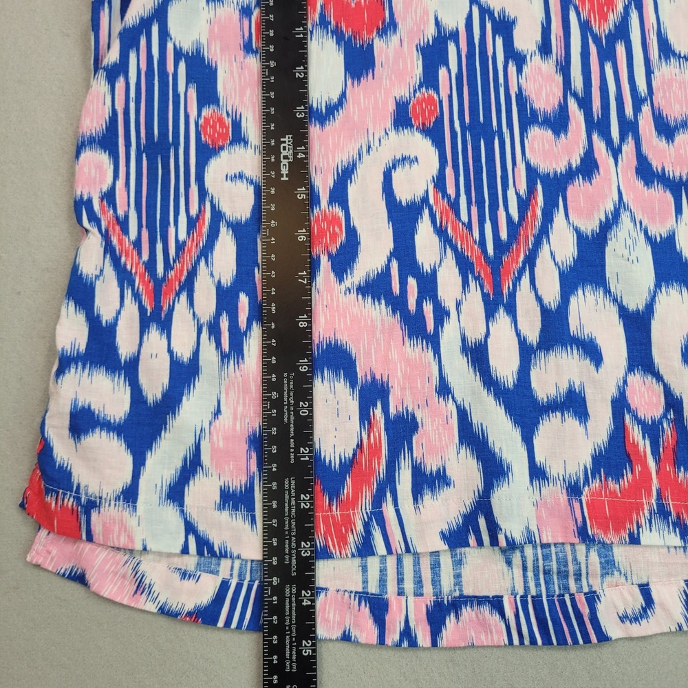 Crown & Ivy Blue Pink Ikat Sleeveless Ruffle Neck Linen Blend Top Petite Small - Picture 6 of 7
